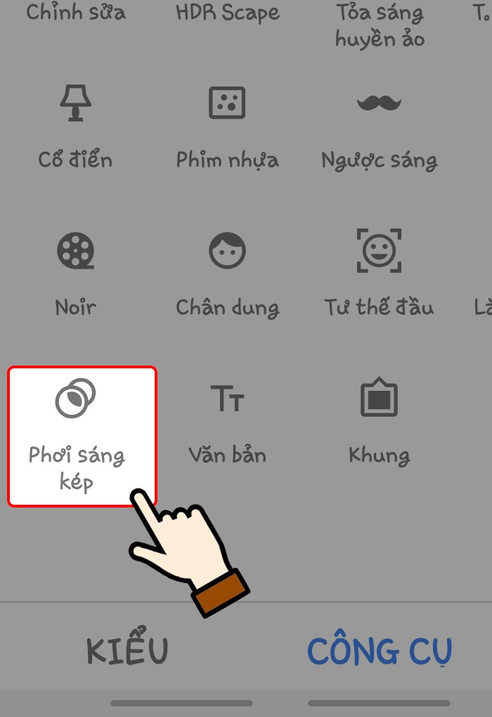 Nhấn chọn hiệu ứng Double Exposure (Phơi s&aacute;ng k&eacute;p) tr&ecirc;n điện thoại