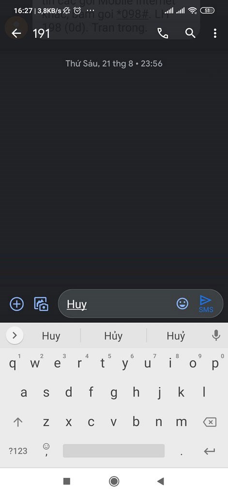 Soạn cú pháp: HUY gửi 191