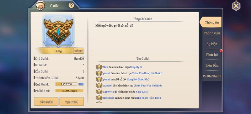 Giao diện Guild trong Light of Thel