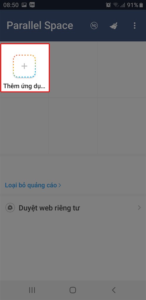 Chọn ứng dụng Parallel Space, bấm v&agrave;o mục Th&ecirc;m Ứng Dụng.