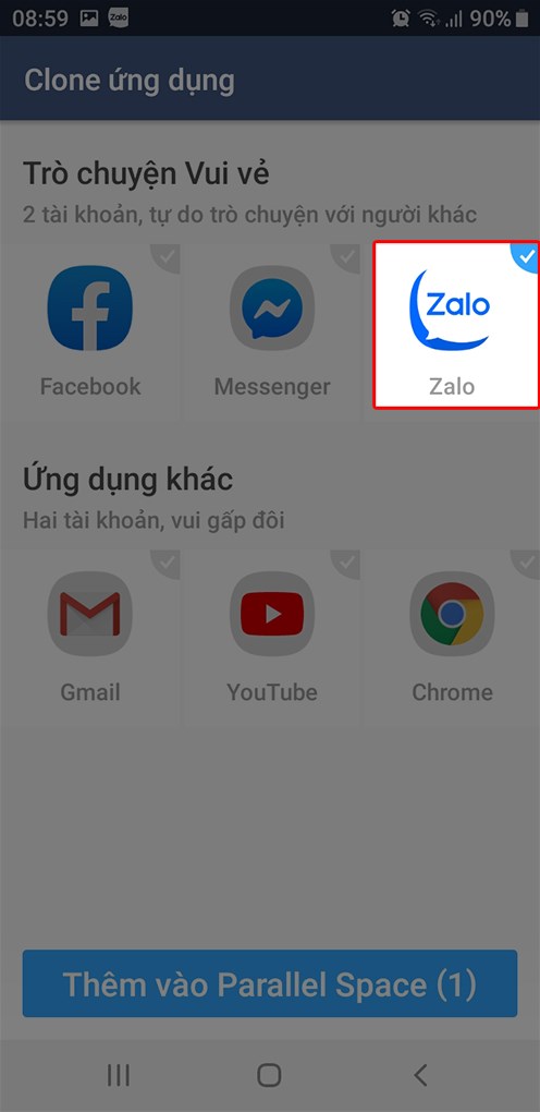 Chọn c&aacute;c ứng dụng m&agrave; bạn muốn nh&acirc;n đ&ocirc;i. V&iacute; dụ : Facebook, Zalo,...