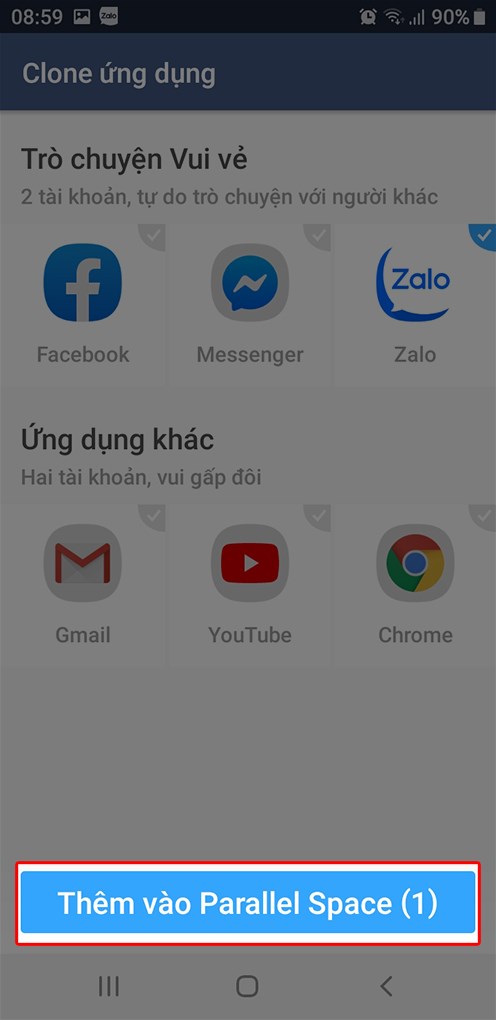 Bấm v&agrave;o mục Th&ecirc;m v&agrave;o Parallel Space để nh&acirc;n đ&ocirc;i ứng dụng.