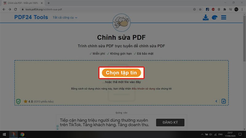Truy cập vào trang https://tools.pdf24.org/vi/chinh-sua-pdf, bấm Chọn tệp tin
