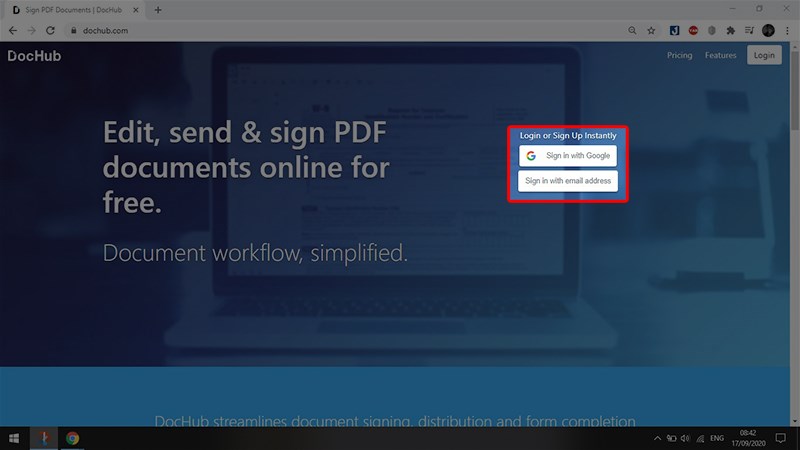 Bước 1 : Truy cập https://dochub.com. đăng nhập Email để truy cập vào website.