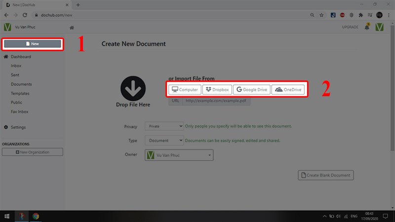 Bước 2 : Chọn New, sau đó upload file PDF trên các nền tảng như : Computer, Google Drive, Dropbox...