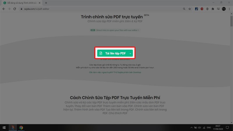 Bước 1 : Truy cập https://www.sejda.com/vi/pdf-editor, bấm Tải tệp PDF để chọn file PDF bạn cần chỉnh sửa.