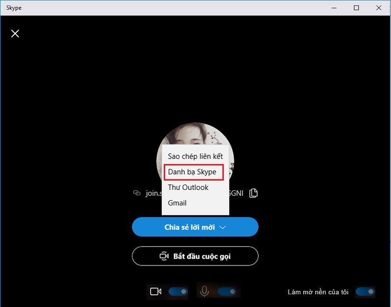 Chọn gửi lời mời qua Danh bạ Skype