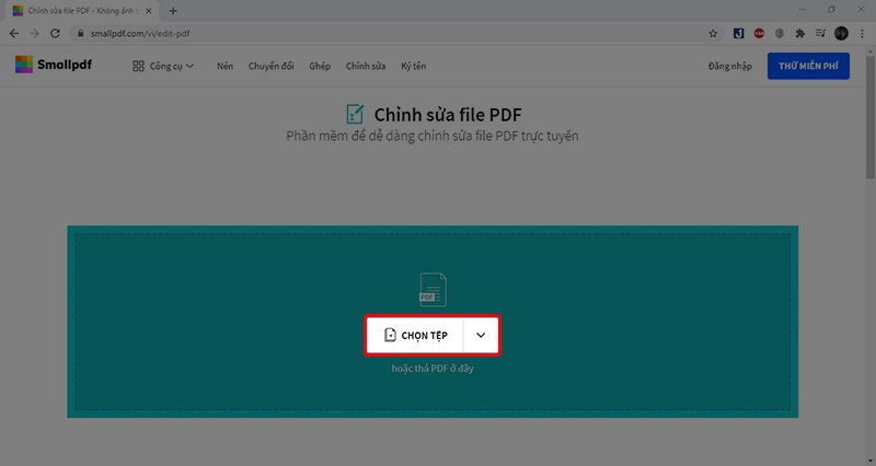 Truy cập vào trang  và Nhấn vào Chọn tệp tin và chọn file PDF bạn cần chỉnh sửa.