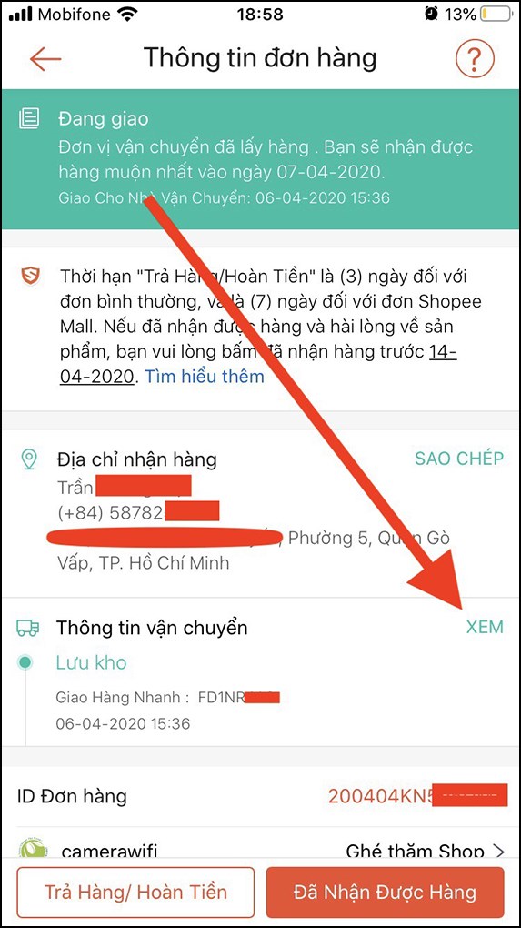 Thông tin đơn hàng shopee
