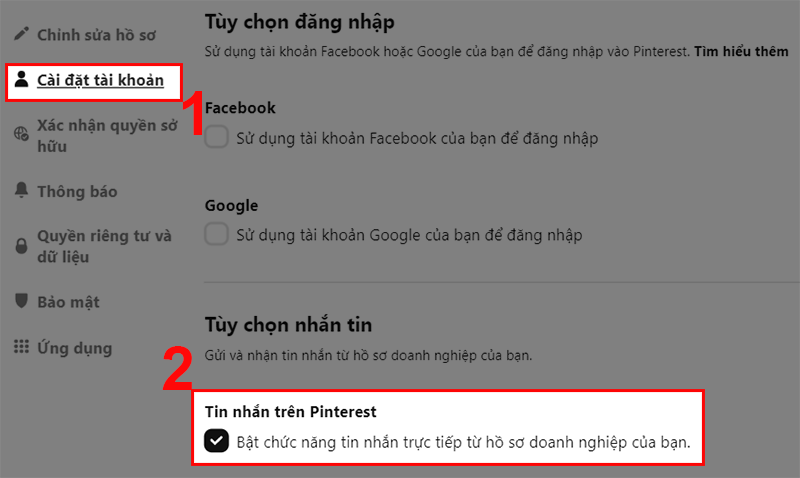 Bật tin nhắn doanh nghiệp Pinterest