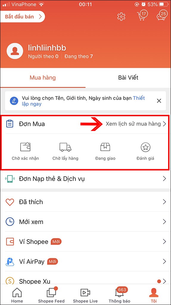 Chọn danh mục Đơn mua hoặc Xem lịch sử mua hàng