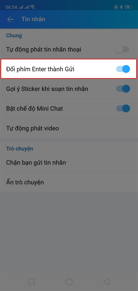 Chọn thanh trạng thái Đổi phím Enter thành Gửi sang trái.