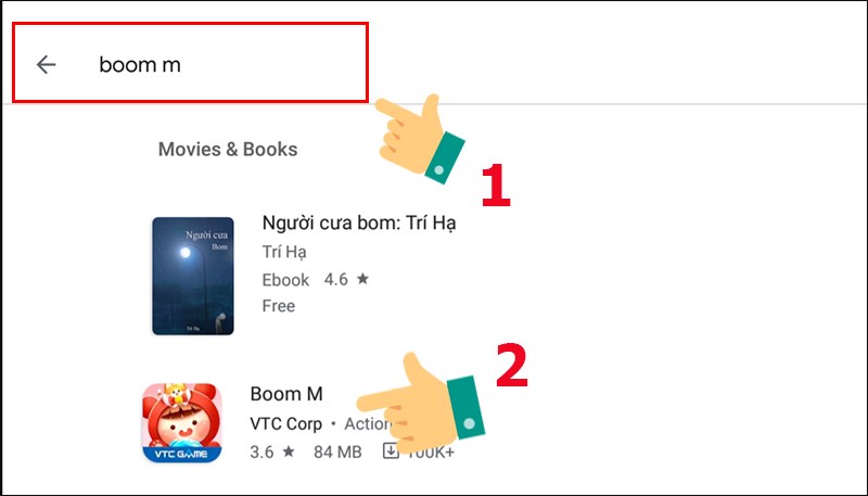 Gõ Boom M lên thanh tìm kiếm của CH Play > Chọn game Boom M. 