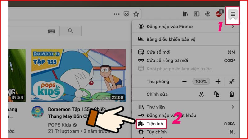 Chọn biểu tượng 3 gạch ngang g&oacute;c phải > Chọn Tiện &iacute;ch.