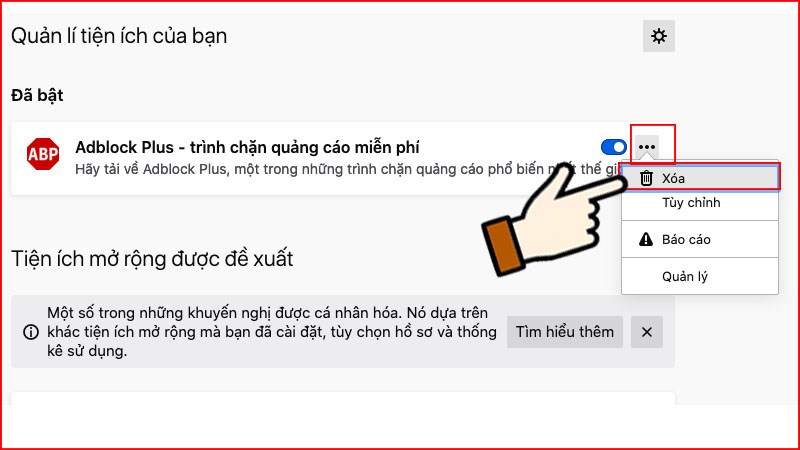 Nếu muốn gỡ bỏ, x&oacute;a tiện &iacute;ch chọn biểu tượng 3 chấm ngay cạnh tiện &iacute;ch muốn x&oacute;a > Chọn X&oacute;a.