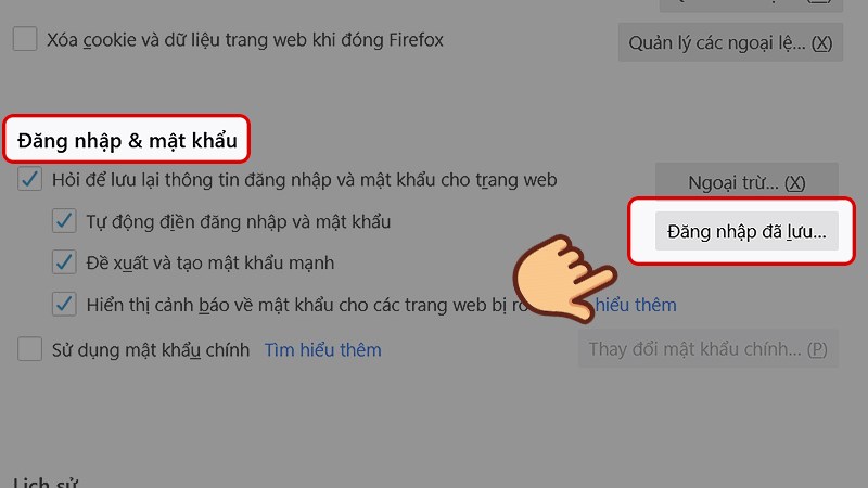 Kéo xuống ở phần Đăng nhập & mật khẩu, chọn Đăng nhập đã lưu.