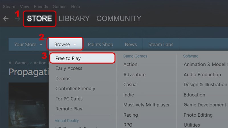 Vào giao diện Steam, chọn Store. Chọn mục Browse và nhấn Free to Play.