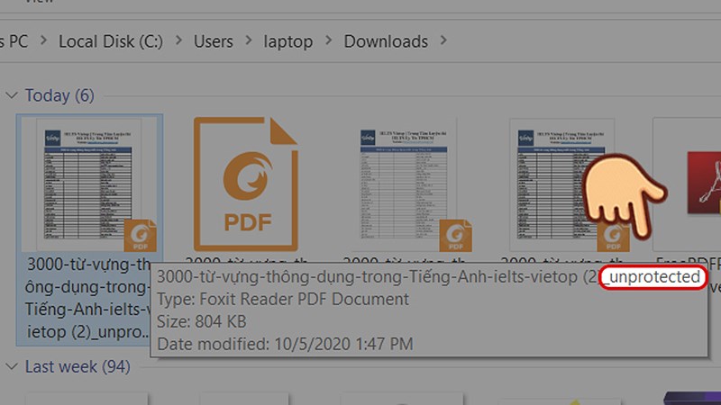 Sau khi mở khoá xong thư mục chứa file PDF sẽ tự động mở lên, file mở khoá sẽ có đuôi _unprotected như hình.