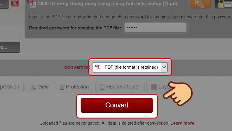 Chọn định dạng chuyển là File format is retained và chọn Convert.