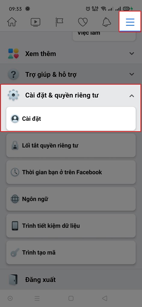 Chọn cài đặt