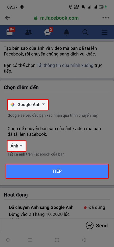 Chọn điểm và loại mục sao lưu