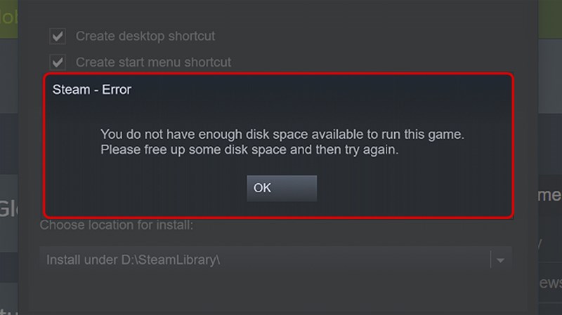 ổ đĩa bạn chọn không đủ dung lượng chứa game