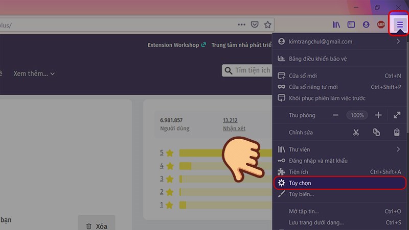 Nhấn v&agrave;o biểu tượng Menu ở g&oacute;c b&ecirc;n phải m&agrave;n h&igrave;nh v&agrave; nhấn v&agrave;o T&ugrave;y chọn