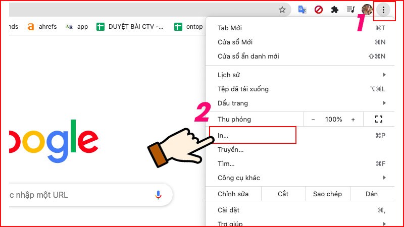 Mở tr&igrave;nh duyệt Chrome > Chọn biểu tượng 3 chấm > Chọn in.