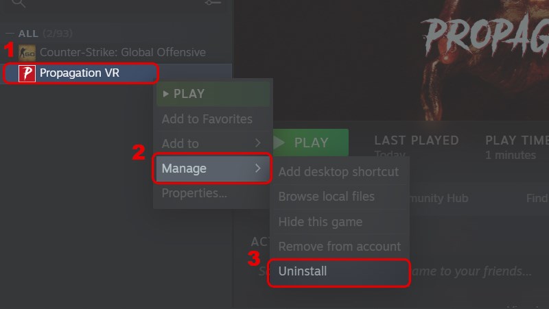 Nhấn chuột phải vài game bạn muốn xóa, chọn Manage và chọn Uninstall.