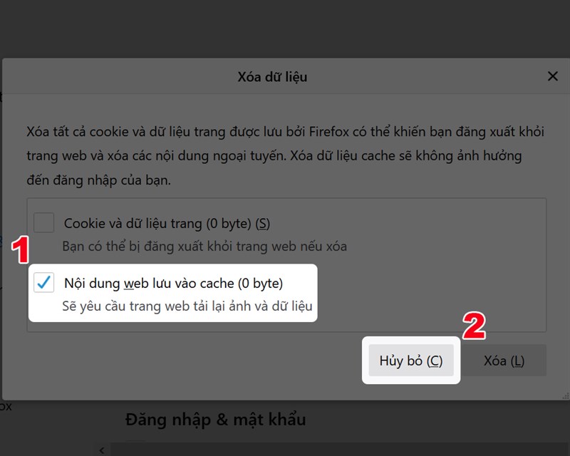 Chọn Nội dung web lưu vào cache và xóa