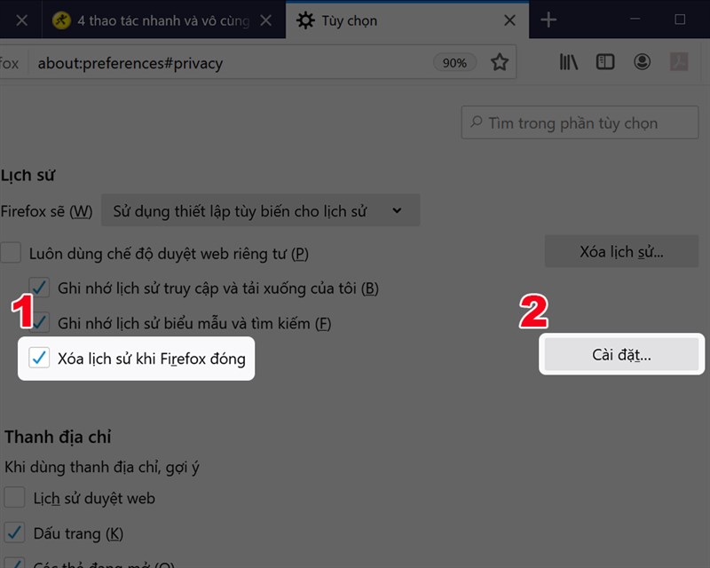 Check chọn Xóa lịch sử khi Firefox đóng