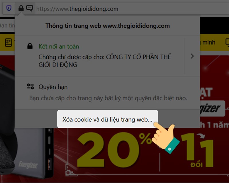 Chọn Xóa cookie và dữ liệu trang web