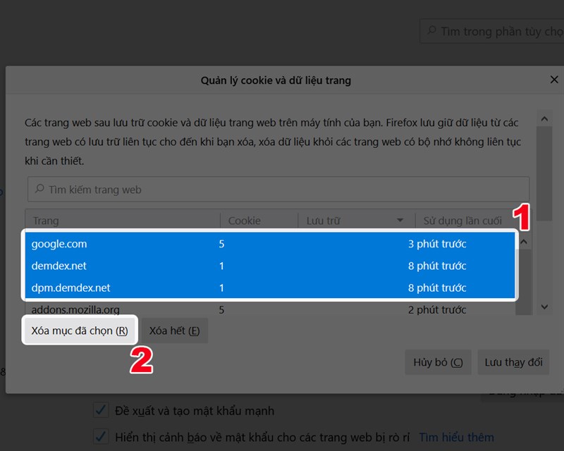 Chọn Cookie trang web muốn xóa