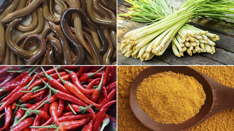 Nguyên vật liệu món ăn uống lươn xào lăn với xào sả ớt
