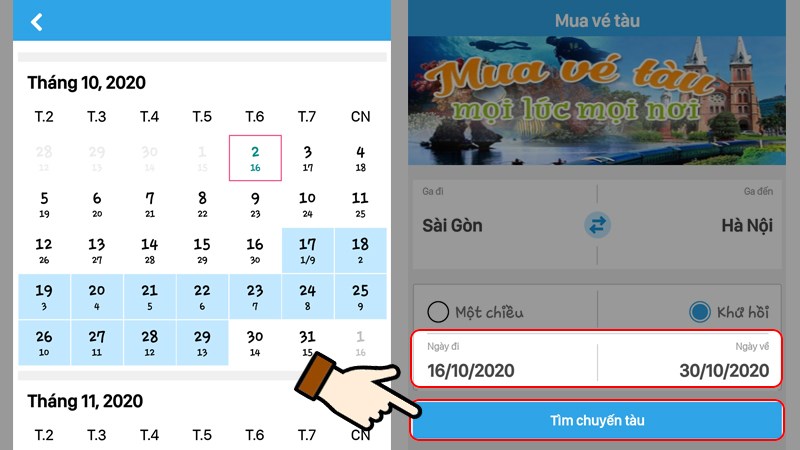 Nhấn chọn Tìm chuyến tàu