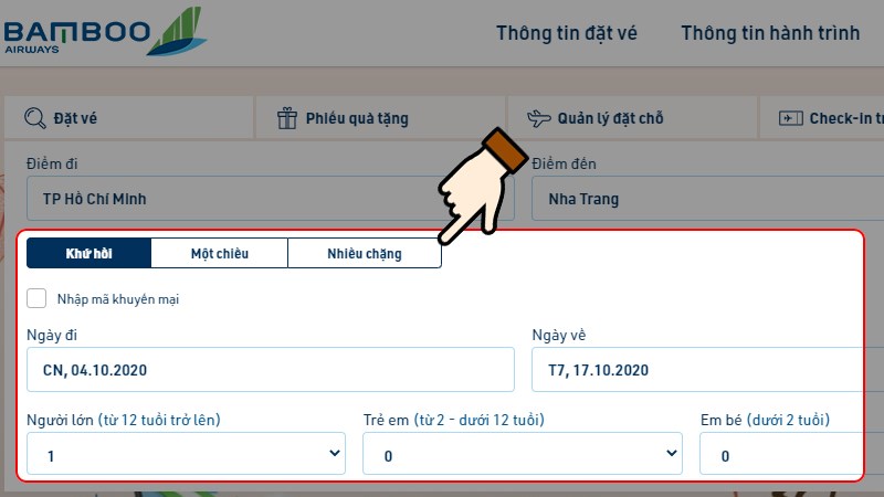 Lựa chọn hình thức bay, nhập thời gian, số lượng hành khách