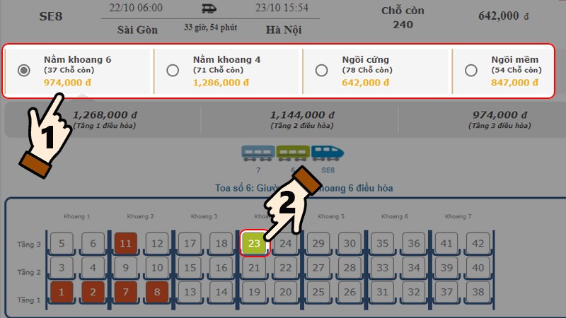 bạn cần lựa chọn khoang và ghế ngồi trên tàu