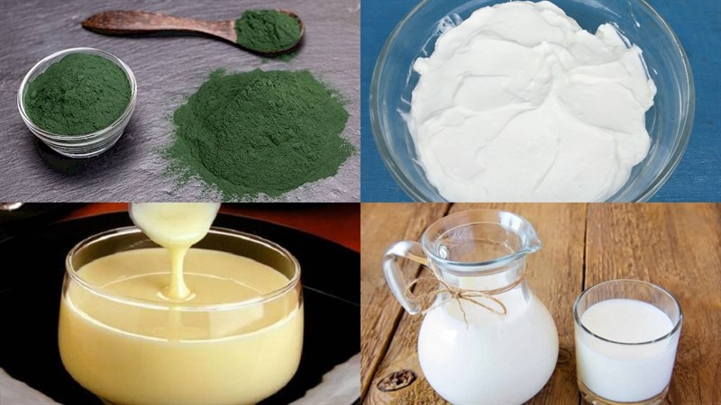 Nguyên liệu đồ ăn 2 thủ tục hộp sữa chua matcha và hộp sữa chua lá dứa