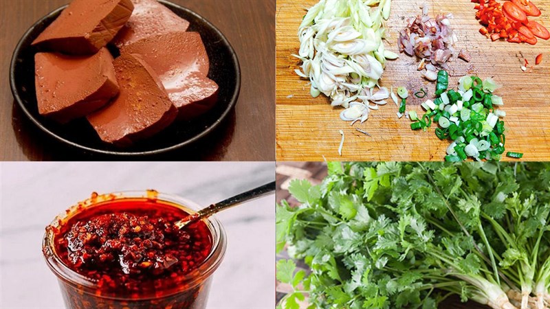 Nguyên liệu món ăn canh huyết heo với hẹ và canh huyết heo nấu cay