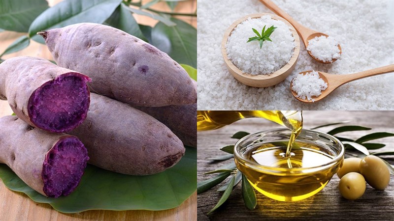 Nguyên liệu thực hiện món khoai lang tím sấy bằng nồi chiên không dầu