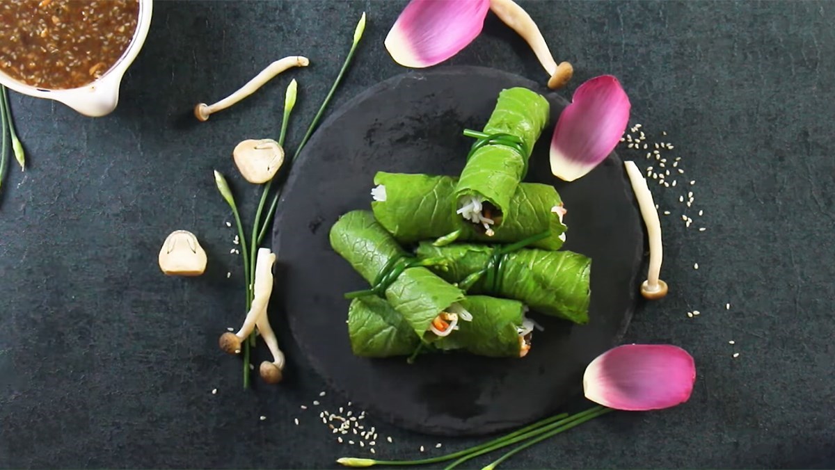 Cuốn diếp chay - cải bẹ xanh cuộn chay