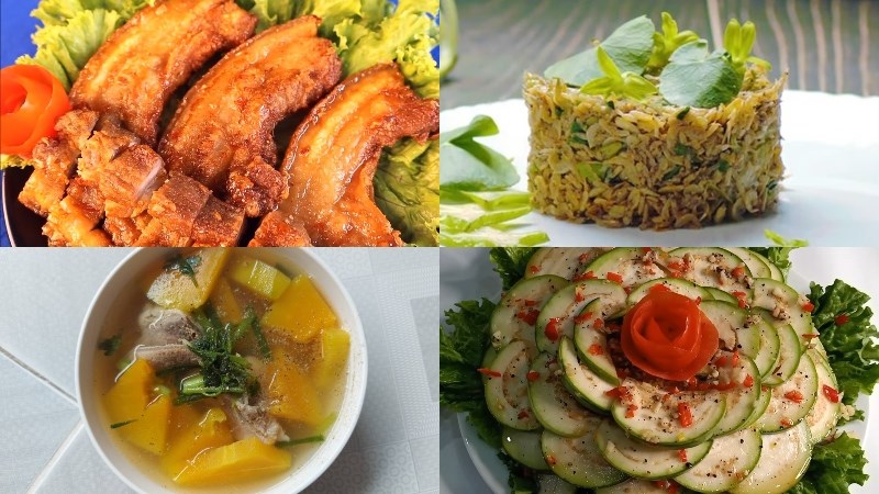 Thực đơn 2: Thịt ba rọi chi&ecirc;n nước mắm, t&eacute;p rang khế, canh đu đủ hầm xương, c&agrave; muối xổi, kiwi tr&aacute;ng miệng