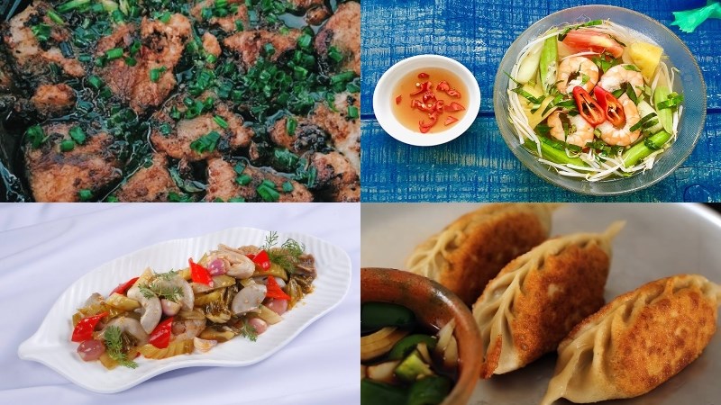 Thực đơn 3: C&aacute; mối chi&ecirc;n sả ớt, canh chua t&ocirc;m, dồi trường x&agrave;o dưa cải, b&aacute;nh mandu, t&aacute;o tr&aacute;ng miệng