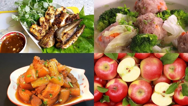 Thực đơn 4: C&aacute; lăng nướng sả nghệ, canh bắp cải thịt vi&ecirc;n, thịt kho củ cải, t&aacute;o tr&aacute;ng miệng