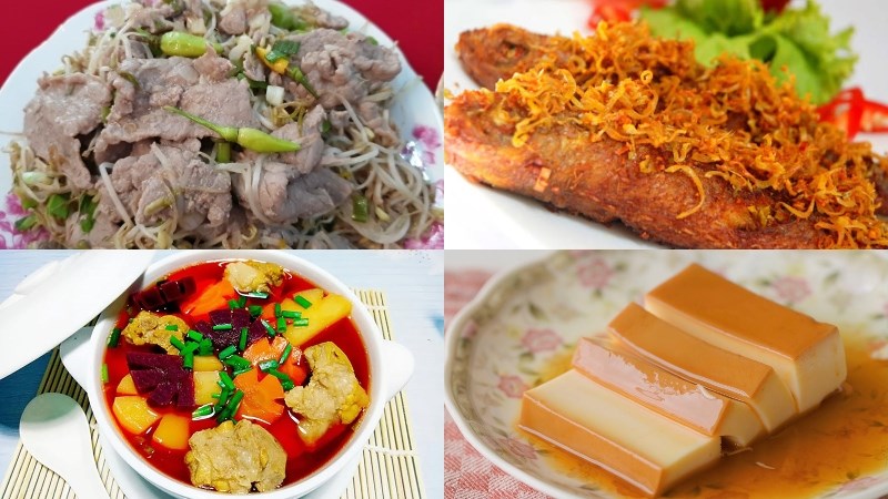 Thực đơn 5: Thịt b&ograve; x&agrave;o gi&aacute; đỗ, c&aacute; hường chi&ecirc;n sả ớt, canh củ dền xương heo, b&aacute;nh flan