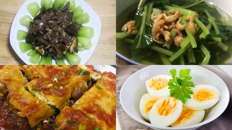Thực đơn 7: Thịt b&ograve; x&agrave;o nấm hương, trứng luộc, canh cải ngọt t&ocirc;m kh&ocirc;, đậu hũ dồn thịt sốt c&agrave; chua, qu&yacute;t tr&aacute;ng miệng