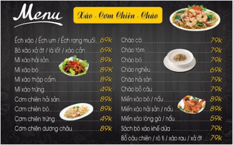 Thực đơn tại quán Hai Còi 