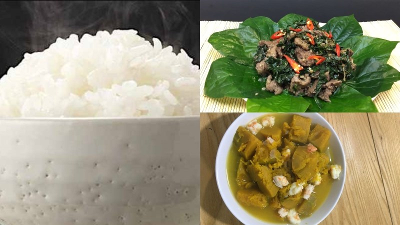 Cơm, thịt bò xào, canh bí đỏ nấu tôm