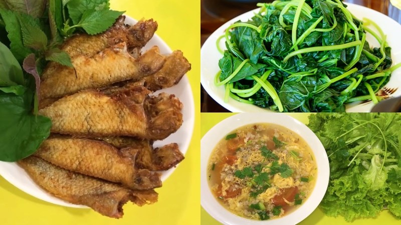 Cá mó chiên giòn, rau luộc, canh cà chua trứng