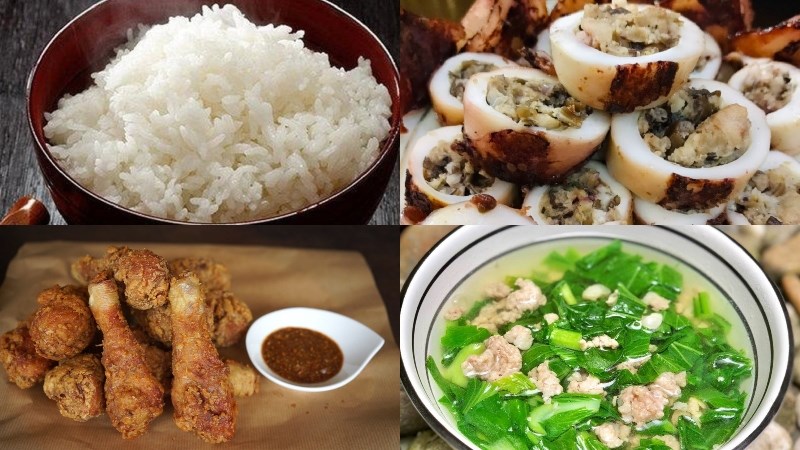 Cơm, mực nhồi thịt, gà rán sả, canh cải thịt băm